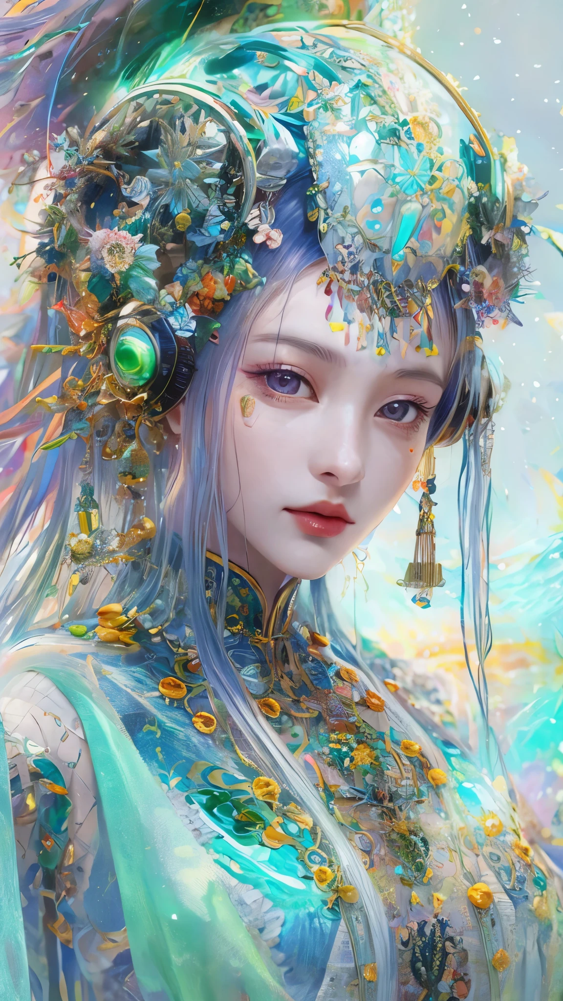 Tang suit，Chinese Hanfu，a image of a woman wearing colorful robot tech, in the style of free-flowing surrealism, shiny/glossy, precise and lifelike, hard surface modeling, precisionist lines, light silver and azure, engineering/construction and design，Luminous headphones, Luminous hair accessories, long hair, Luminous earrings, glow necklace, cyberpunk,transparent clothes，rainbow colors