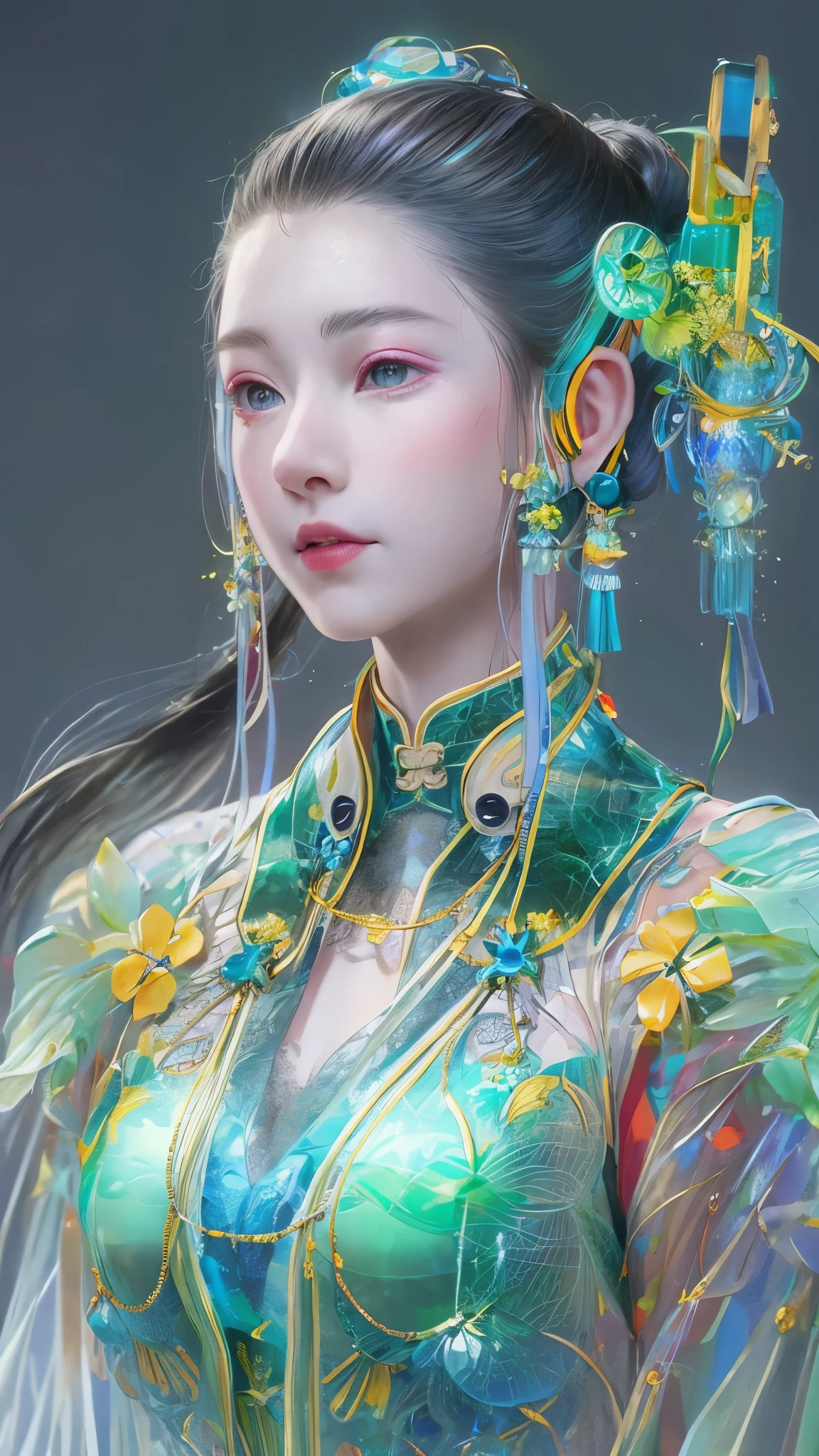 Traje Tang，Hanfu chinês，a imagem de uma mulher usando tecnologia robótica colorida, no estilo do surrealismo de fluxo livre, brilhante/Lustroso, preciso e realista, modelagem de superfície dura, linhas de precisão, prata claro e azul, Engenharia/construção e design，fones de ouvido luminosos, Acessórios de cabelo luminosos, cabelo longo, Brincos luminosos, colar brilhante, ciberpunk,roupas transparentes，cores do arco-íris