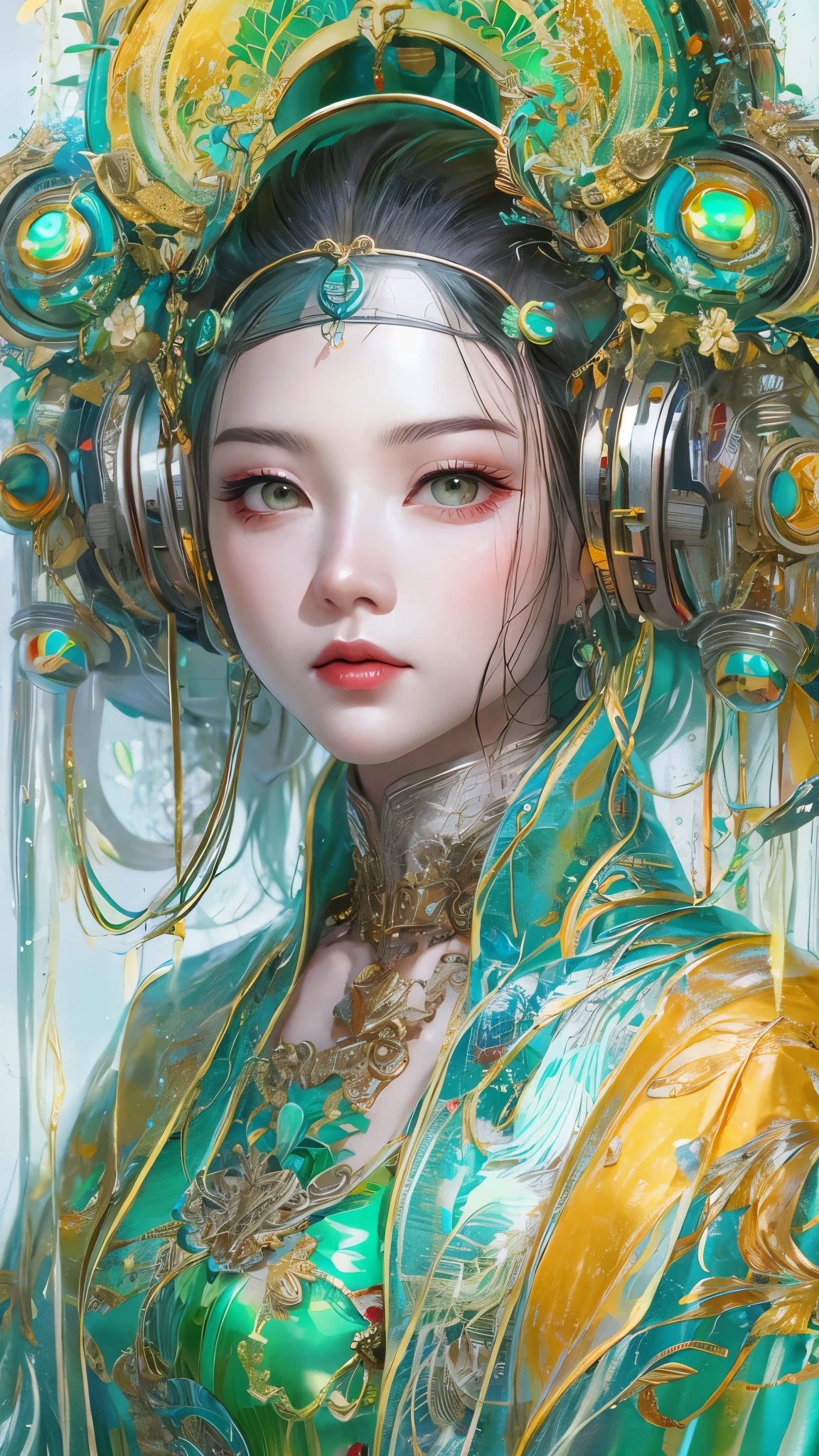 Tang suit，Chinese Hanfu，a image of a woman wearing colorful robot tech, in the style of free-flowing surrealism, shiny/glossy, precise and lifelike, hard surface modeling, precisionist lines, light silver and azure, engineering/construction and design，Luminous headphones, Luminous hair accessories, long hair, Luminous earrings, glow necklace, cyberpunk,transparent clothes，rainbow colors