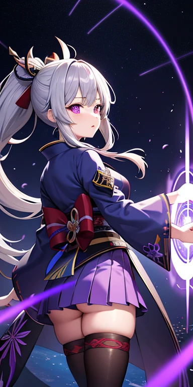 1 girl, kimono, ponytail ,gray hair, purple eyes, magic circle, blue fire, blue flame, wallpaper, landscape, Blood, Blood splatter, Depth of the bounds written, night, particles of light, light, side light, thighs, destiny \(series\), genshin impact, ****, open jacket, skirt, Thighhighs, cloud