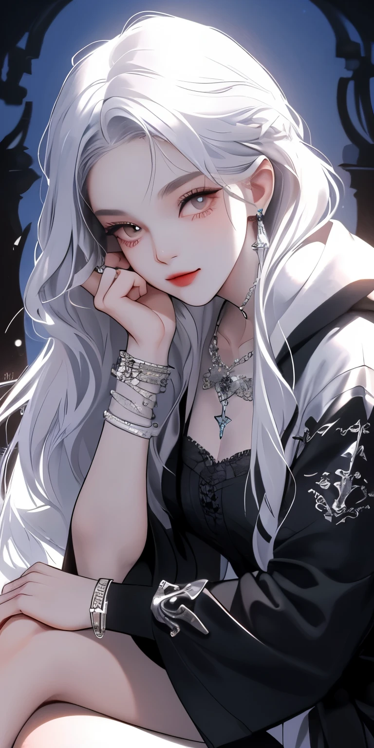 , huge, Double tail, silver hair, Hoodies, retro gothic, posture, Lovely, face up, high quality, necklace, ring, bracelet, earrings，Cross your legs