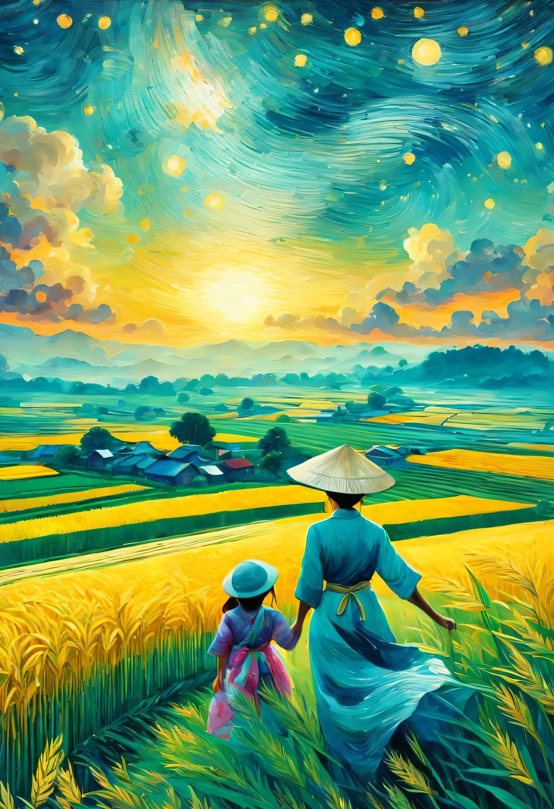 best quality, 8k, High quality, masterpiece: 1.2, Super fine, realism: 1.37, double exposure,
(Endless rice fields and a little girl), blue sky, dreamy atmosphere, bright color palette, Vibrant shades, Impressionist brushstrokes, Subtle lighting effects, sunset on the horizon, Harmony between nature and sky, textured brushstrokes, Abundant and vibrant crops, dusk atmosphere, Tranquil pastoral scenery, Shining stars light up the night, create tranquility、Picturesque setting, Inspired by the style and techniques of Van Gogh. Sublime and atmospheric depiction, ethereal beauty, Fascinating celestial phenomenon,
