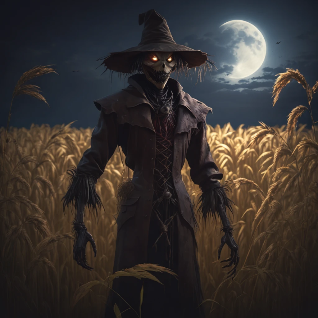 High Resolution, High Quality, Masterpiece. Scarecrow looming over rice field, eyes glistening under the twilit moon,There is a sharp sparkling sickle in his hand. halo effect surrounding its silhouette, sharp sickle dripping with crimson, night casting shadows, adding a cinematic split, chiaroscuro technique emphasizing horror, hyperrealistic quality, octane rendering for a masterpiece, trending on artstation, 8k artistic photography, photorealistic concept art with soft natural volumetric light,