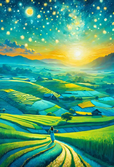 best quality, 8k, High quality, masterpiece: 1.2, Super fine, realism: 1.37, double exposure,
(Endless rice fields and a little ...