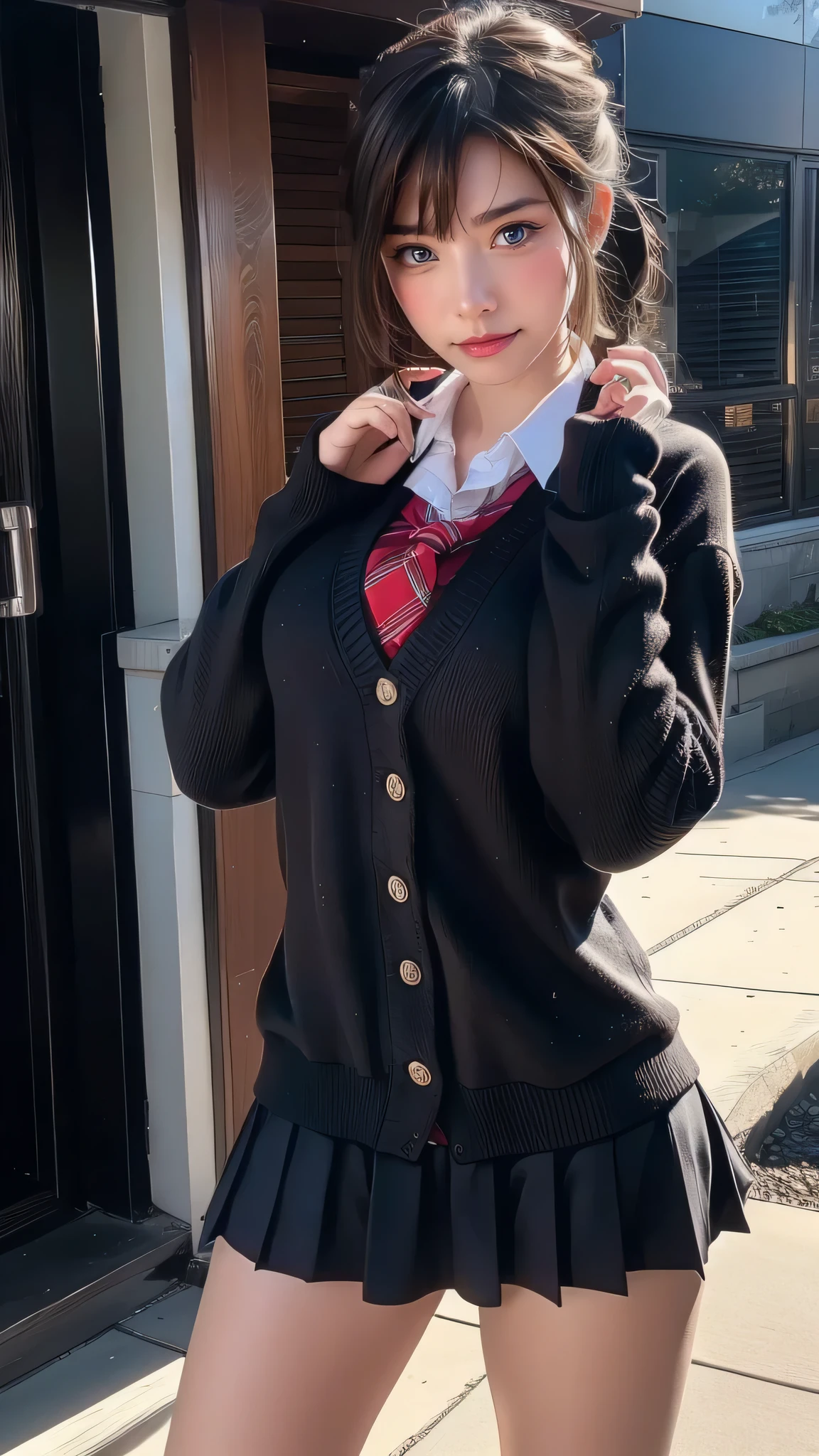 A close up of a woman in a school uniform posing for a picture - SeaArt AI