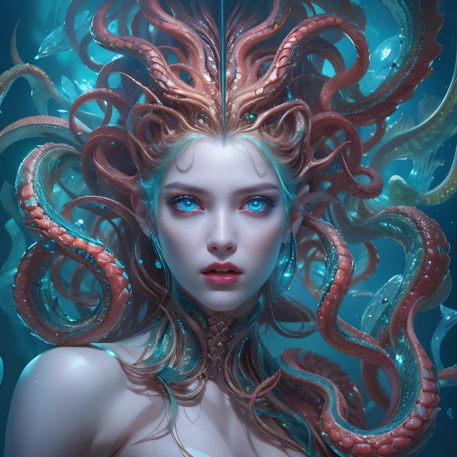 (1 female medusa-like mutant: 1.2), With a beautiful, enchanting face, this alien seduces us with her allure. Her captivating red eyes gleam brightly, reminiscent of burning embers. Her full body is unlike any human's, boasting a sexy, otherworldly form. No humans are present in this scene as she stands alone, her cells fused in a unique and intriguing extraterrestrial way.
(extraordinary beautiful nude photo:1.4), (glowing Aquamarine eyes:1.5), (sexy and glamorous:1.1), (coquettish expression:1.2), toned lean body, (muscular:1.2), (beautiful abs:1.5), beautiful nipples,  She has lots of iridescent translucent tentacles instead of her hair, pale skin, (white skin with prominent veins:1.3), moist skin,
Lots of iridescent translucent tentacles adorn her body, shimmering under the dramatic lighting. Her pale skin, with a hint of translucency, adds to her ethereal allure. This masterpiece, rendered in