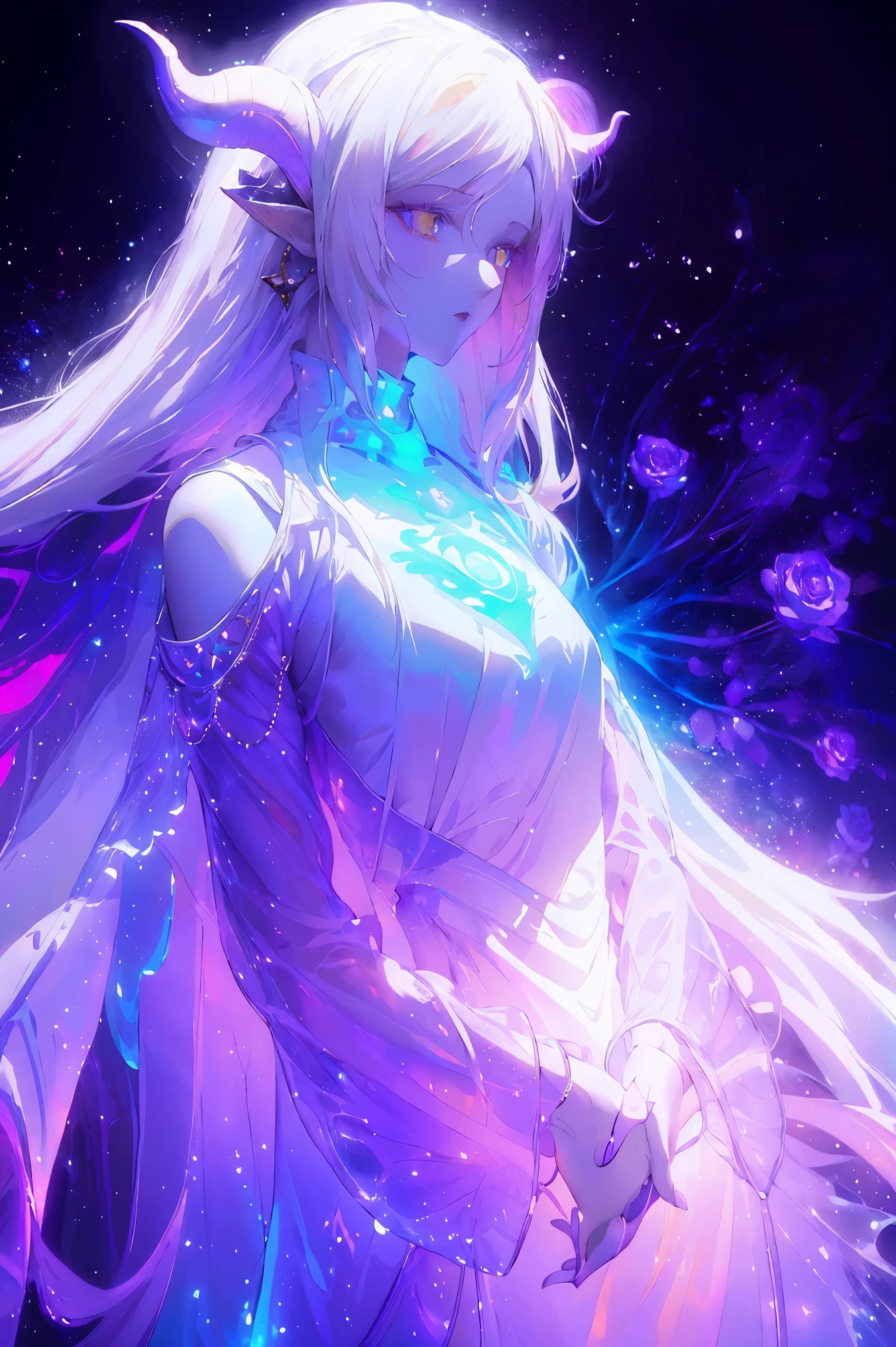 Designed by nty, one , solo, 8k, Ultra high quality, Albino demon girl standing, dark clothes, Photographed from a distance, ( long white hair:1.3) , purple rose bush, (Rainbow gradient bioluminescent dress), Blue turtleneck sweater with tulle skirt, blink ,(long and complex horns:1.2), White background, colorful clothes, intricate details