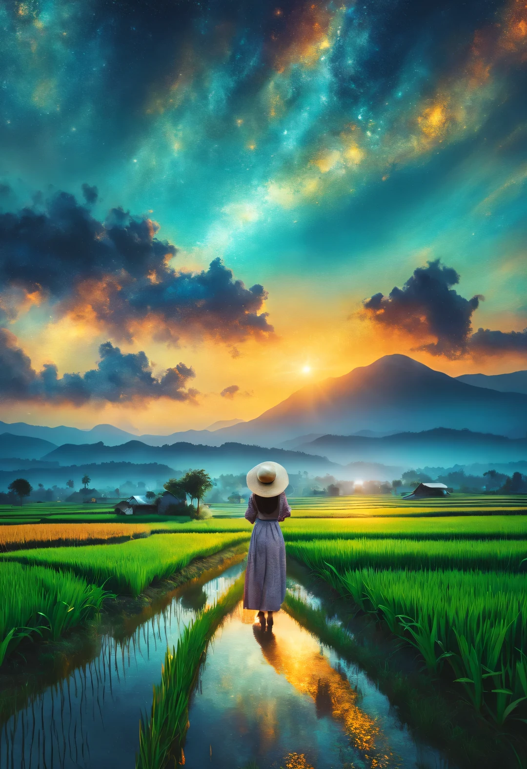 best quality, 8k, High quality, masterpiece: 1.2, Super fine, realism: 1.37, double exposure,
(Endless rice fields and a little girl), blue sky, dreamy atmosphere, bright color palette, Vibrant shades, Impressionist brushstrokes, Subtle lighting effects, sunset on the horizon, Harmony between nature and sky, textured brushstrokes, Abundant and vibrant crops, dusk atmosphere, Tranquil pastoral scenery, Shining stars light up the night, create tranquility、Picturesque setting, Inspired by the style and techniques of Van Gogh. Sublime and atmospheric depiction, ethereal beauty, Fascinating celestial phenomenon,