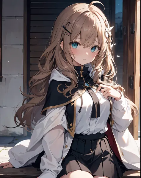 masterpiece,1girl, sparrow, a brown haired girl, wearing a priestess uniform, curly long hair, messy hair, black skirt, slim body, wearing white capelet with white hoody, medium breasts, she close her left eye, shirt ornament, lolippai, sad expression, bea...