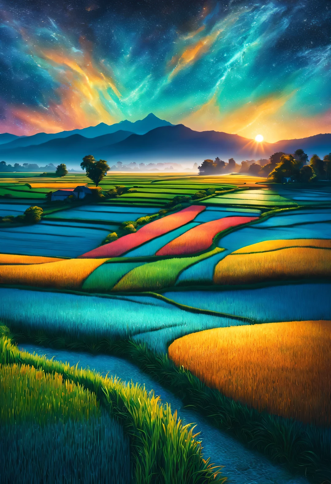 Dan Mumford style，best quality, 8k, high quality, masterpiece: 1.2, Ultra-fine, realism: 1.37, double contact,
(Endless rice fields and ), blue sky, dreamy atmosphere, bright color palette, Vibrant shades, Impressionist brushstrokes, Subtle lighting effects, sunset on the horizon, nature and sky, textured brushstrokes, Crops are abundant、Vibrant, dusk atmosphere, Peaceful idyllic scenery, Shining stars light up the night, create tranquility、Picturesque setting, Be inspired by Van Gogh&#39;s style and technique. Sublime and atmospheric depiction, ethereal beauty, Fascinating celestial phenomenon,