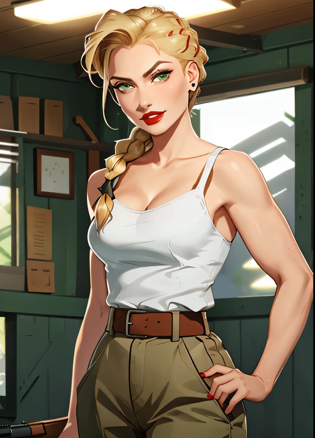 1girl, helga sinclair, beautiful face, one hand on hips, other hand holding old gun, red lips, evil smirk, more under eye, blonde braided ponytail, large breasts, , cleavage, hair over shoulder, smile, white tank top, green pants, belt, submarine interior,  looking at viewer, volumetric lighting, best quality, masterpiece, realistic, 