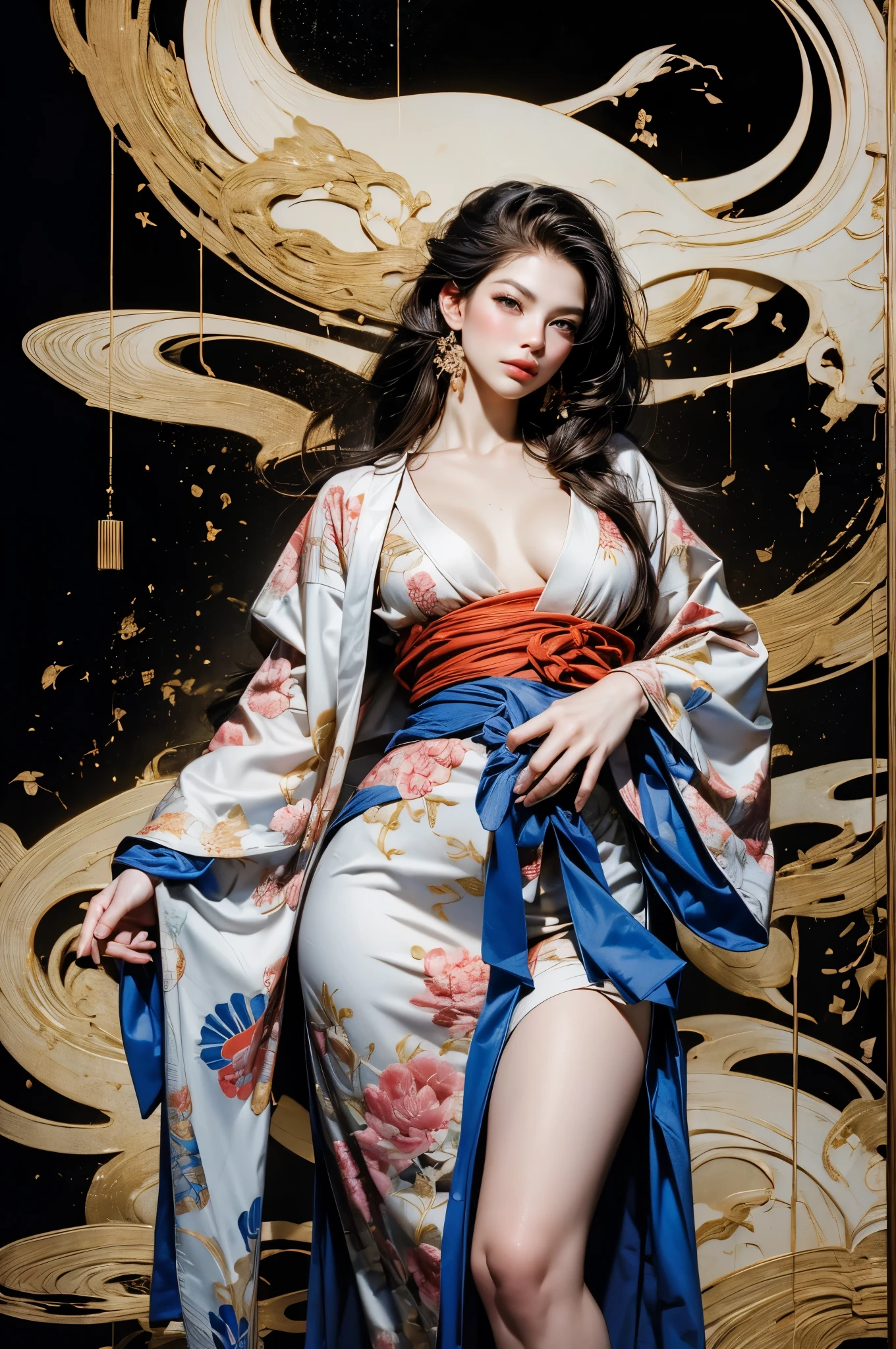 Wait warrior sexy, pretty face, Delicious Company, Alluring figure, Wearing a sexy open kimono. The artwork is created in a medium reminiscent of Japanese ink paintings....., Features bold brushstrokes and a Monochromatic color palette. Artist&#39;Masterful technique reveals the intensity and power of the image&#39;sense of presence，with the highest quality, Perfectly capture every detail with ultra-high resolution. Textures and intricate patterns on kimonos are rendered with extreme precision. Lighting is carefully designed，Enhance drama, Features deep shadows and subtle highlights. general, The artwork exudes elegance and power, Combining traditional Japanese aesthetics with a modern feel. Monochromatic color palette, Combine details, Create captivating and immersive experiences for your audience.