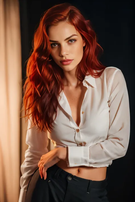 A photo of a seductive woman with flowing red hair, posing in a dark studio, she is wearing button-down shirt and pants, intrica...