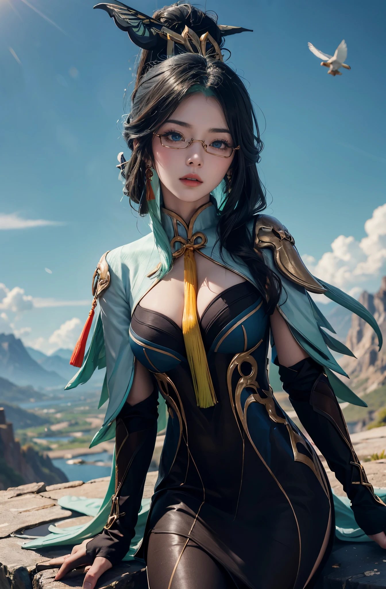 high res, highly detail, masterpiece, best quality, gixianyun, 1girl, makeup, looking at viewer, cloud retainer, with a flying duck beside the girl, in the high mountains, 3/4 body shot