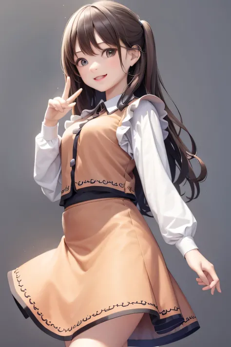 masterpiece, best quality,   1 girl,brown hair,brown eyes,long hair,long sleeves,skirt,smile,trumpet,白skirt，whole body，one hand ...