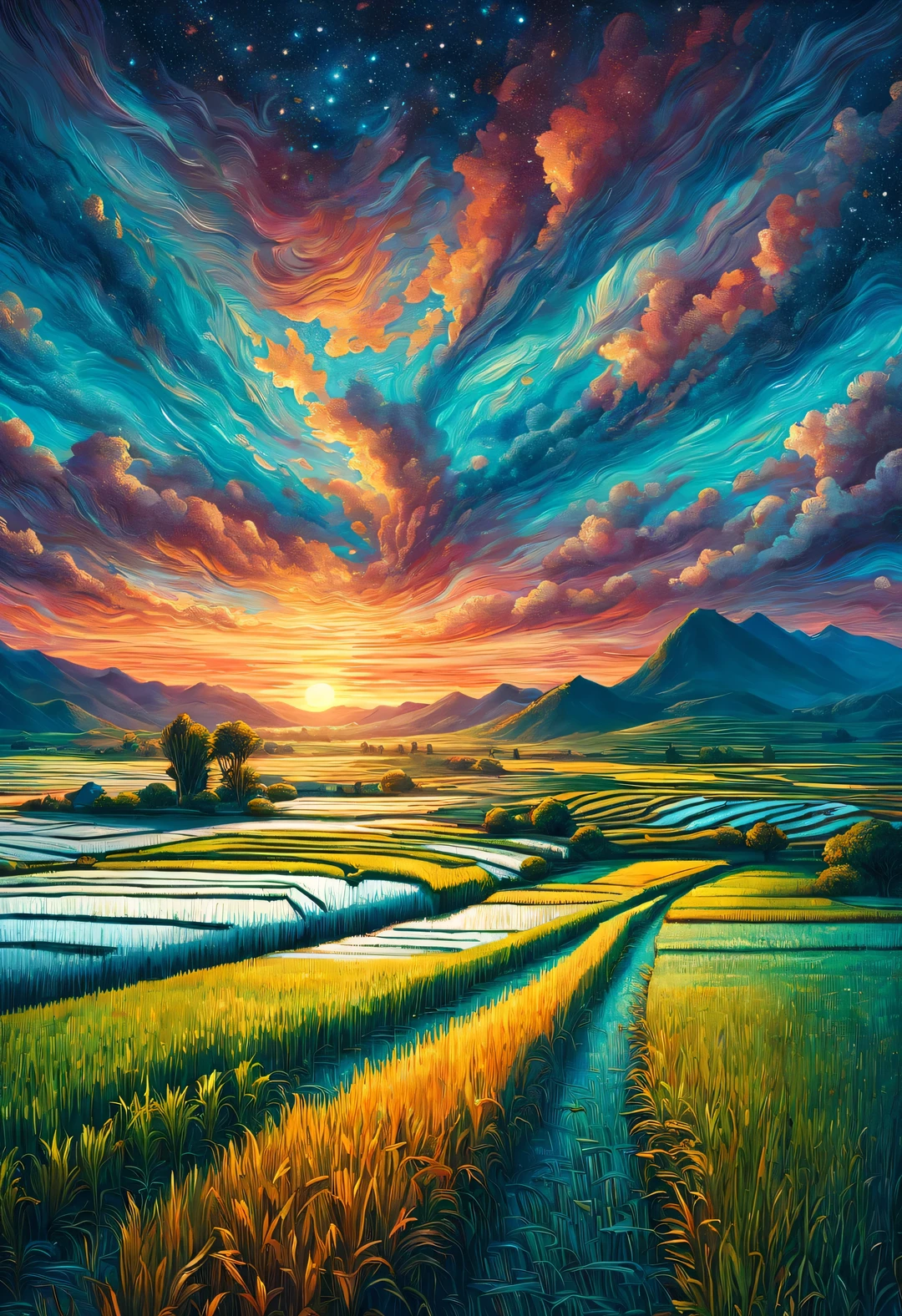 Dan Mumford style，best quality, 8k, high quality, masterpiece: 1.2, Ultra-fine, realism: 1.37, double contact,
(Endless rice fields and ), blue sky, dreamy atmosphere, pastel color palette, Vibrant shades, Impressionist brushstrokes, Subtle lighting effects, sunset on the horizon, nature and sky, textured brushstrokes, Crops are abundant、Vibrant, dusk atmosphere, Peaceful idyllic scenery, Shining stars light up the night, create tranquility、Picturesque setting, Be inspired by Van Gogh&#39;s style and technique. Sublime and atmospheric depiction, ethereal beauty, Fascinating celestial phenomenon,