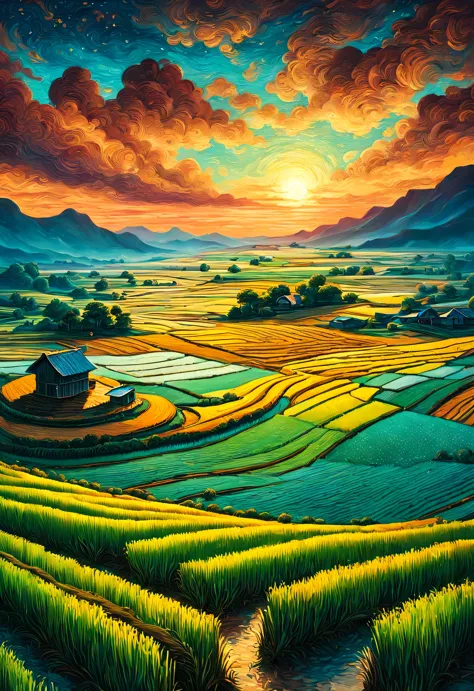 Dan Mumford style，best quality, 8k, high quality, masterpiece: 1.2, Ultra-fine, realism: 1.37, double contact,
(Endless rice fie...
