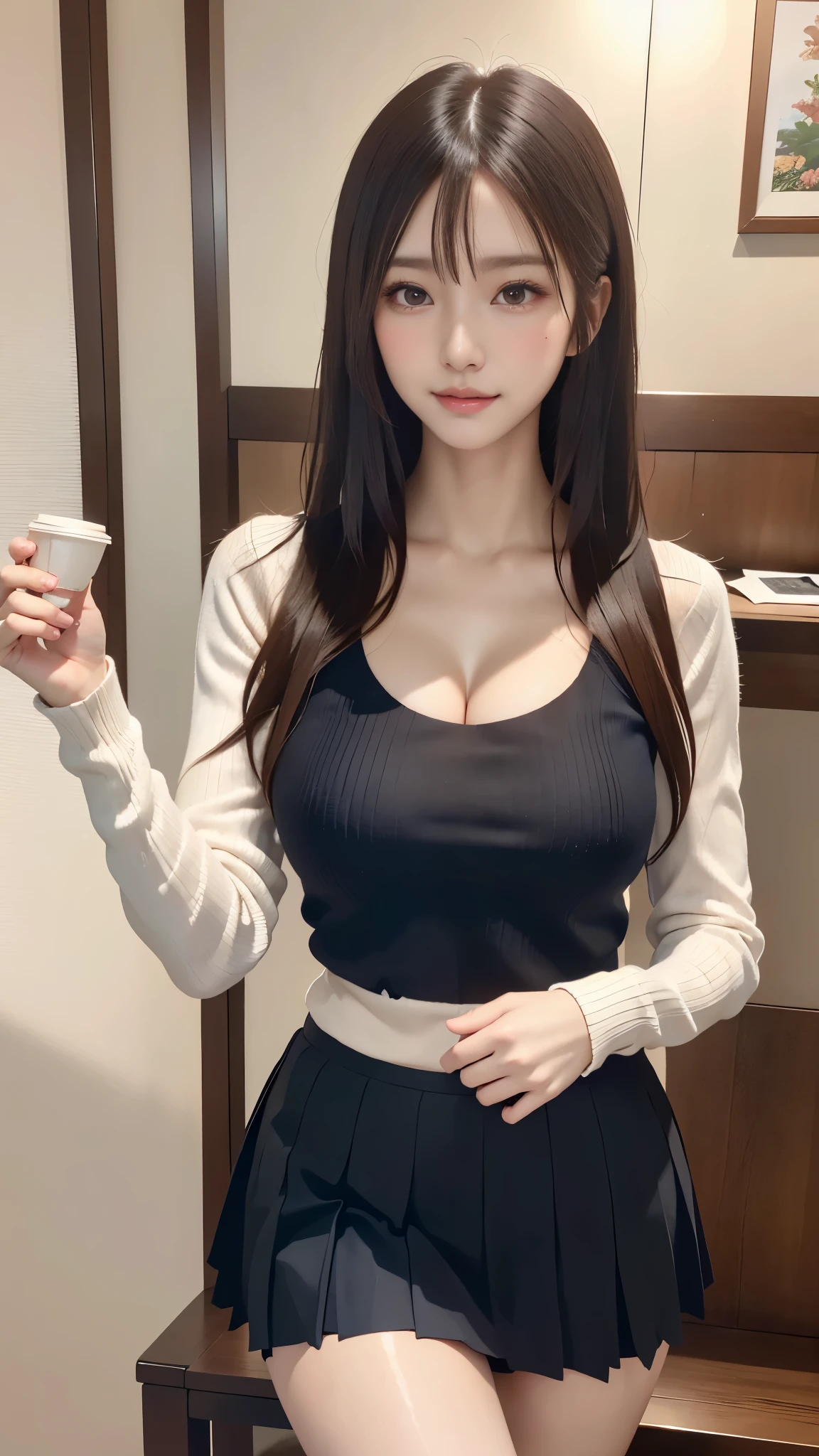 一位身穿黑色连衣裙的女士手捧一杯咖啡 Seaart Ai