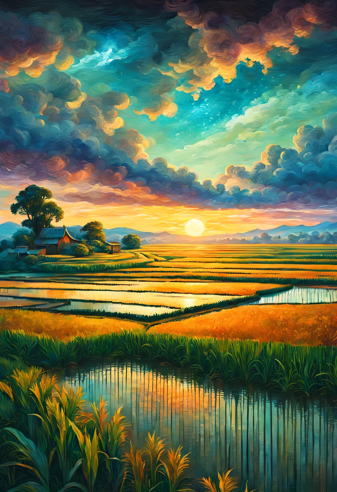 Dan Mumford style，best quality, 8k, high quality, masterpiece: 1.2, Ultra-fine, realism: 1.37, double contact,partial reflection
(Endless rice fields and ), seeder，grandmother，blue sky, dreamy atmosphere, pastel color palette, Vibrant shades, Impressionist brushstrokes, Subtle lighting effects, sunset on the horizon, nature and sky, textured brushstrokes, Crops are abundant、Vibrant, dusk atmosphere, Peaceful idyllic scenery, Shining stars light up the night, create tranquility、Picturesque setting, Be inspired by Van Gogh&#39;s style and technique. Sublime and atmospheric depiction, ethereal beauty, Fascinating celestial phenomenon,