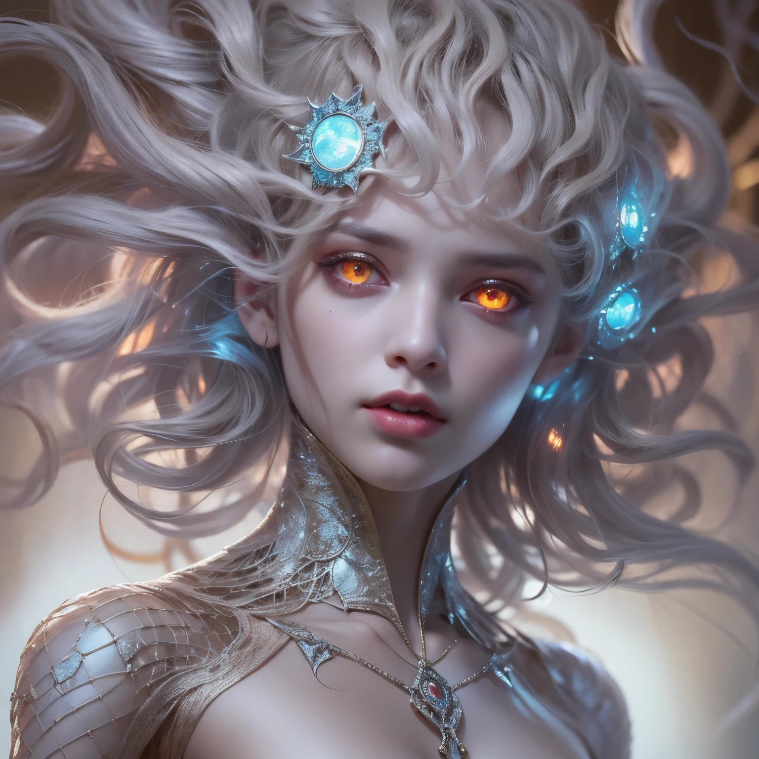 A close up of a woman with a very long hair and glowing eyes - SeaArt AI