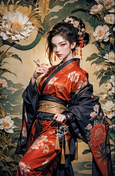 Umalinda warrior sexy, pretty face, Delicious Company, Alluring figure, Wearing a sexy open kimono. The artwork is created in a ...