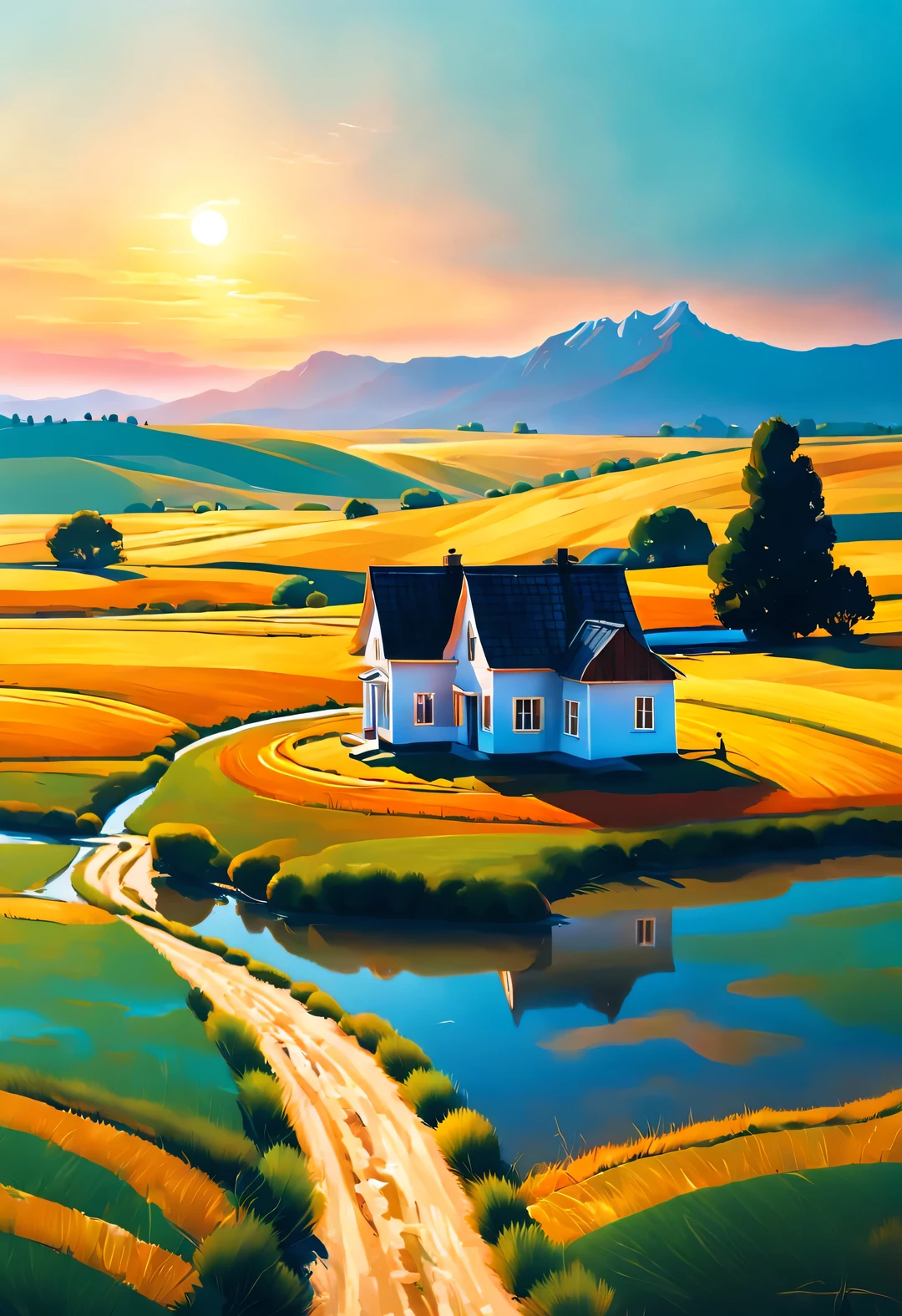 Dan Mumford style，best quality, 8k, high quality, masterpiece: 1.2, Ultra-fine, realism: 1.37, double contact,partial reflection (Endless rice fields and ), seeder，grandmother，blue sky, dreamy atmosphere, pastel color palette, Vibrant shades, Impressionist brushstrokes, Subtle lighting effects, sunset on the horizon, nature and sky, textured brushstrokes, Crops are abundant、Vibrant, dusk atmosphere, Peaceful idyllic scenery, Shining stars light up the night, create tranquility、Picturesque setting, Be inspired by Van Gogh&#39;s style and technique. Sublime and atmospheric depiction, ethereal beauty, Fascinating celestial phenomenon,