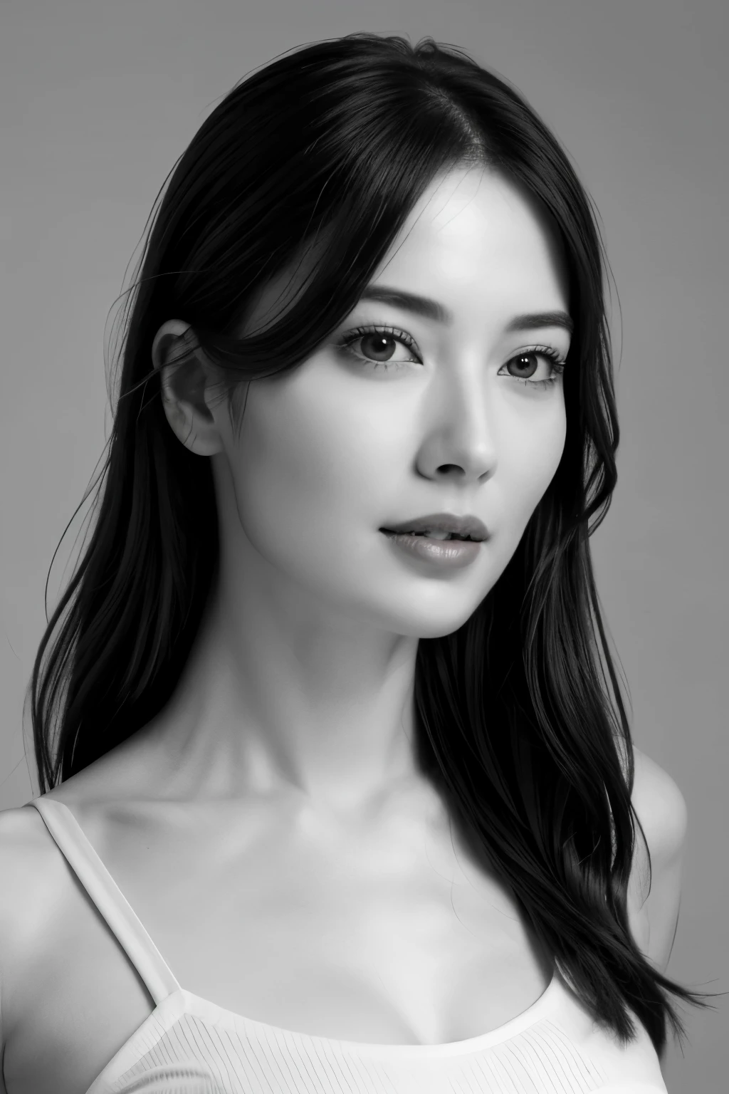 8k wallpaper, highest quality, masterpiece, realistic, Photoreal, super detailed, well-shaped small breasts, model style, RAW photo of 29 year old woman, (((monochrome photography))), 1 girl, ((facing the front)), upper body photo, ((pale vermilion lips)), detailed clavicle, perfect face, straight hair, super detailed, film grain, 超realistic, ultra realistic texture