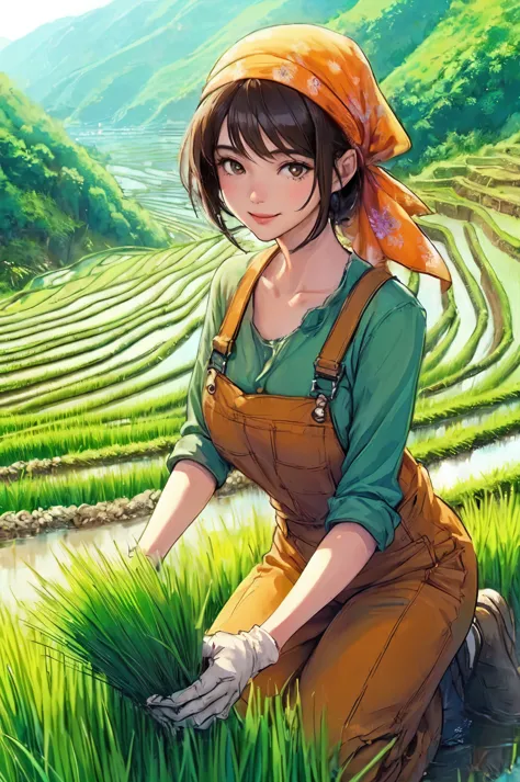 1lady solo, (planting rice) squatting, (jumpsuit overalls) stylish, mature female, /(dark brown hair/) bangs, (bandana), light s...