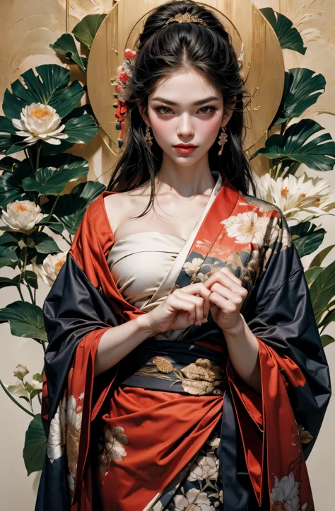 Umalinda warrior sexy, pretty face, Delicious Company, Alluring figure, Wearing a sexy open kimono. The artwork is created in a ...