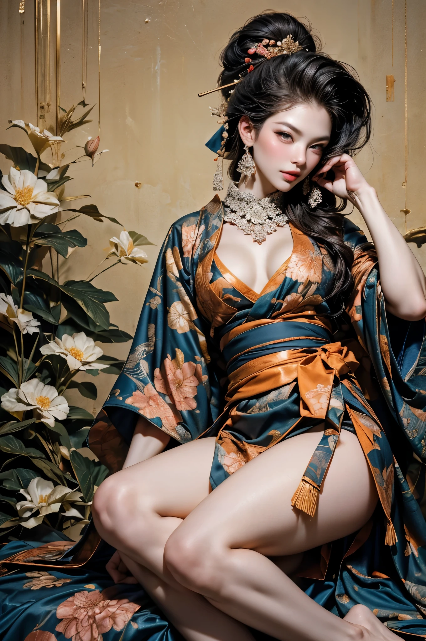 Wait warrior sexy, pretty face, Delicious Company, Alluring figure, Wearing a sexy open kimono. The artwork is created in a medium reminiscent of Japanese ink paintings....., Features bold brushstrokes and a Monochromatic color palette. Artist&#39;Masterful technique reveals the intensity and power of the image&#39;sense of presence，with the highest quality, Perfectly capture every detail with ultra-high resolution. Textures and intricate patterns on kimonos are rendered with extreme precision. Lighting is carefully designed，Enhance drama, Features deep shadows and subtle highlights. general, The artwork exudes elegance and power, Combining traditional Japanese aesthetics with a modern feel. Monochromatic color palette, Combine details, Create captivating and immersive experiences for your audience.