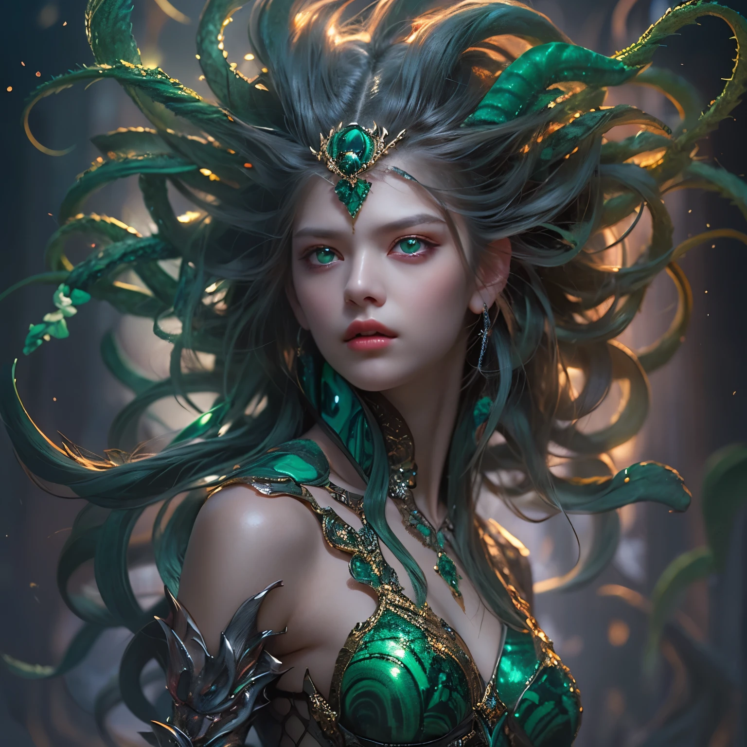 (1 female medusa-like mutant: 1.2), With a beautiful, enchanting face, this alien seduces us with her allure. Her captivating red eyes gleam brightly, reminiscent of burning embers. Her full body is unlike any human's, boasting a sexy, otherworldly form. No humans are present in this scene as she stands alone, her cells fused in a unique and intriguing extraterrestrial way.
(extraordinary beautiful nude photo:1.4), (glowing Malachite eyes:1.5), (sexy and glamorous:1.1), (coquettish expression:1.2), toned lean body, (muscular:1.2), (beautiful abs:1.5), beautiful nipples,  She has lots of iridescent translucent tentacles instead of her hair, pale skin, (white skin with prominent veins:1.3),
Lots of iridescent translucent tentacles adorn her body, shimmering under the dramatic lighting. Her pale skin, with a hint of translucency, adds to her ethereal allure. This masterpiece, rendered in, (There is a female genital-like organ in the middle of the forehead:1.6),