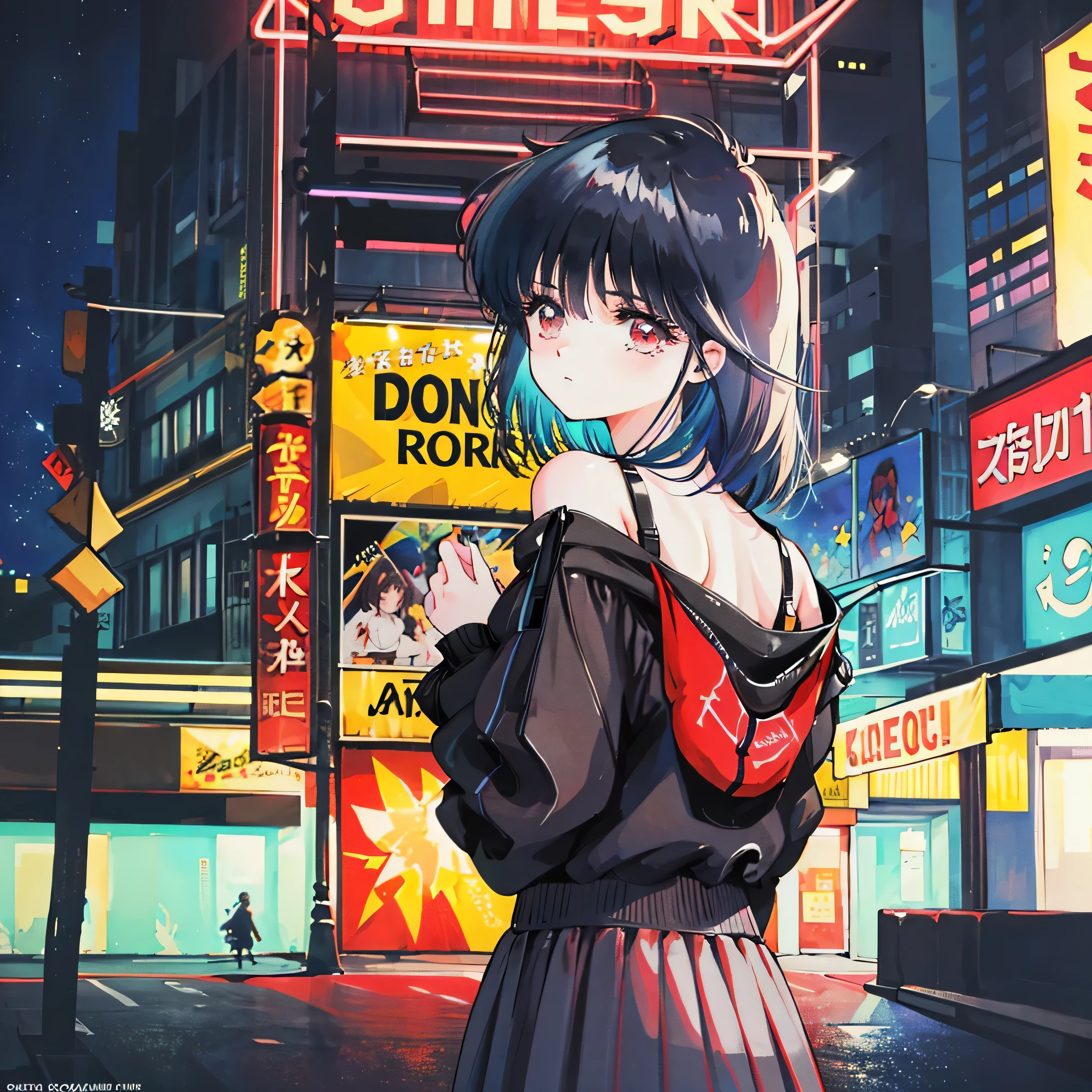 ((masterpiece)), (best quality),, official art, Extremely detailed CG unified 8k wallpaper, Very detailed, skin shiny, depth of field, bright colors,, 1 girl, (bending:0.4), (whole body:0.6),, short hair, Bangs, red eyes, skirt, looking at the audience, night, street, neon, looking back, Star (Sky), crowd, Upper body,
