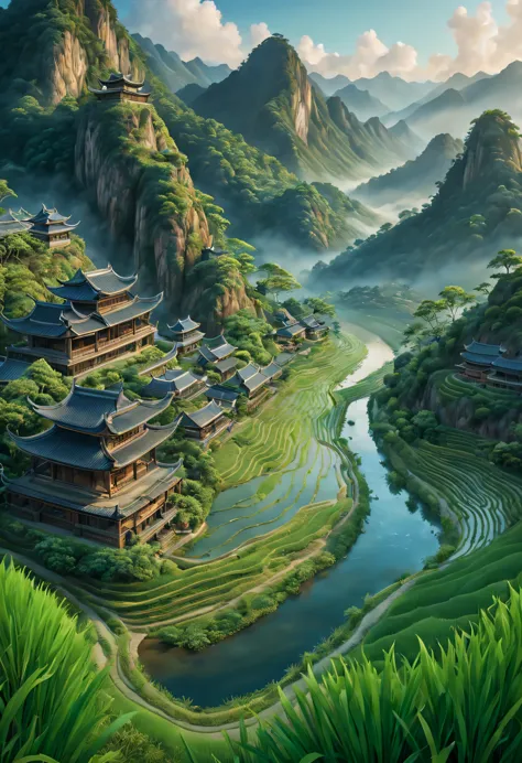 art by mooncryptowow, In a breathtakingly realistic and detailed rendition, capture the allure of a rice paddy nestled amidst Dr...