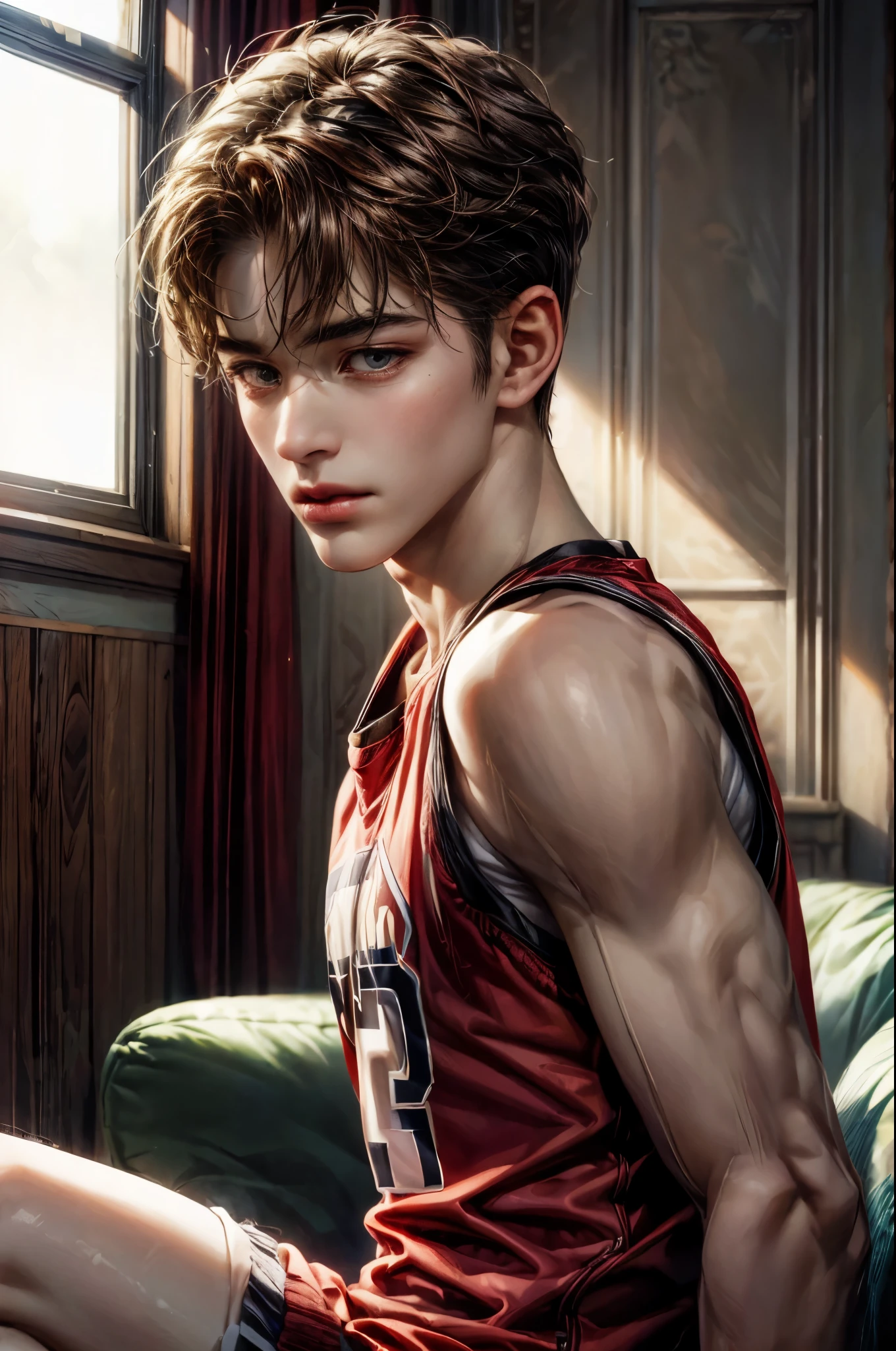 ((Best quality)), ((masterpiece)), (detailed), ((perfect face)), ((halfbody)) perfect proportions ,He is a handsome student, 18 years old, short hair, basketball player, jersey outfit, there is a background of a living room, light brown hair, crimson eyes ((perfect face)) resting on sofa, showing armpit