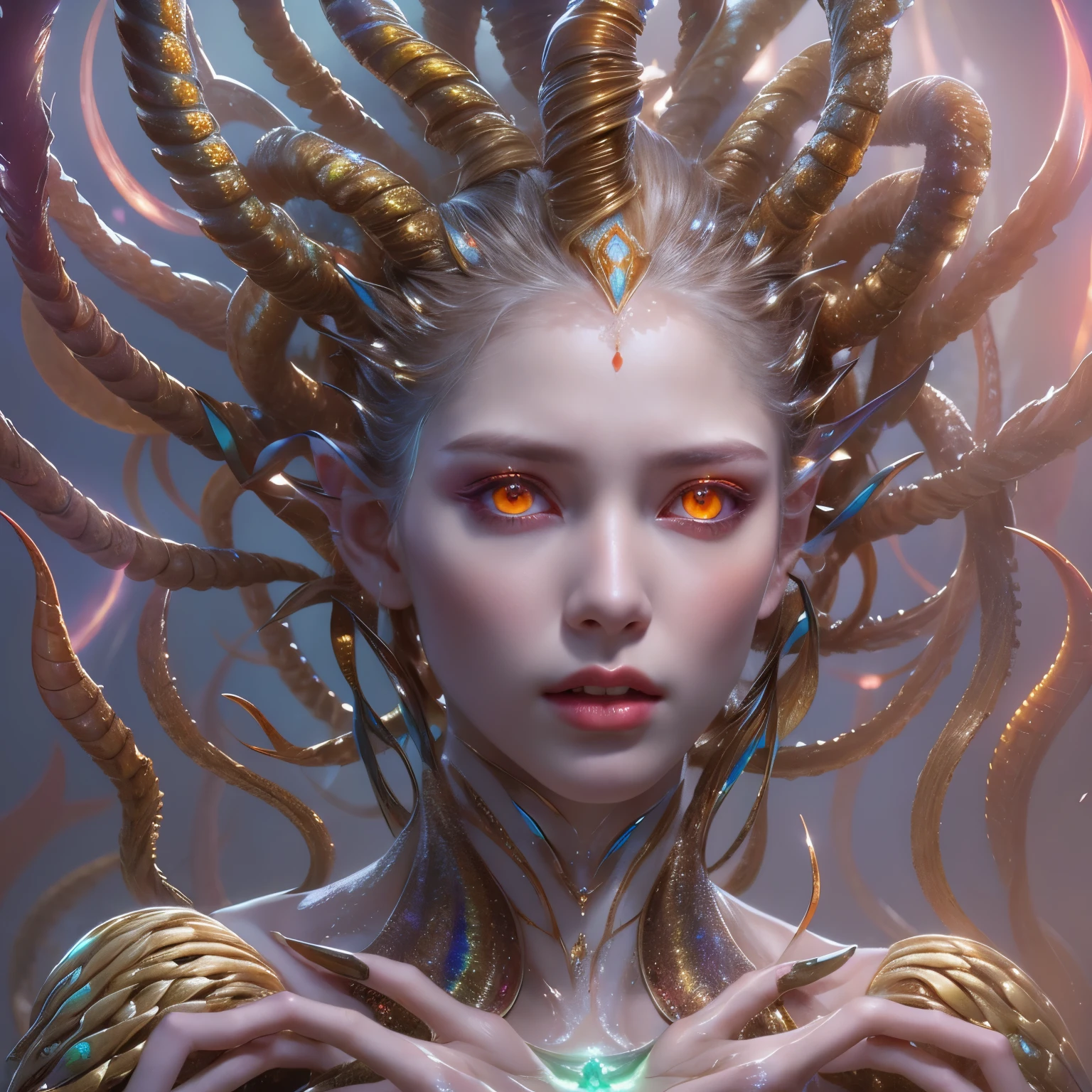 (1 female medusa-like mutant: 1.2), With a beautiful, enchanting face, this alien seduces us with her allure. Her captivating red eyes gleam brightly, reminiscent of burning embers. Her full body is unlike any human's, boasting a sexy, otherworldly form. No humans are present in this scene as she stands alone, her cells fused in a unique and intriguing extraterrestrial way.
(extraordinary beautiful nude photo:1.4), (glowing Sardonyx eyes:1.5), (sexy and glamorous:1.1), (coquettish expression:1.2), toned lean body, (muscular:1.2), (beautiful abs:1.5), beautiful nipples,  She has lots of iridescent translucent tentacles instead of her hair, pale skin, (white skin with prominent veins:1.3),
Lots of iridescent translucent tentacles adorn her body, shimmering under the dramatic lighting. Her pale skin, with a hint of translucency, adds to her ethereal allure. This masterpiece, rendered in, (There is a female genital-like organ in the middle of the forehead:1.6),