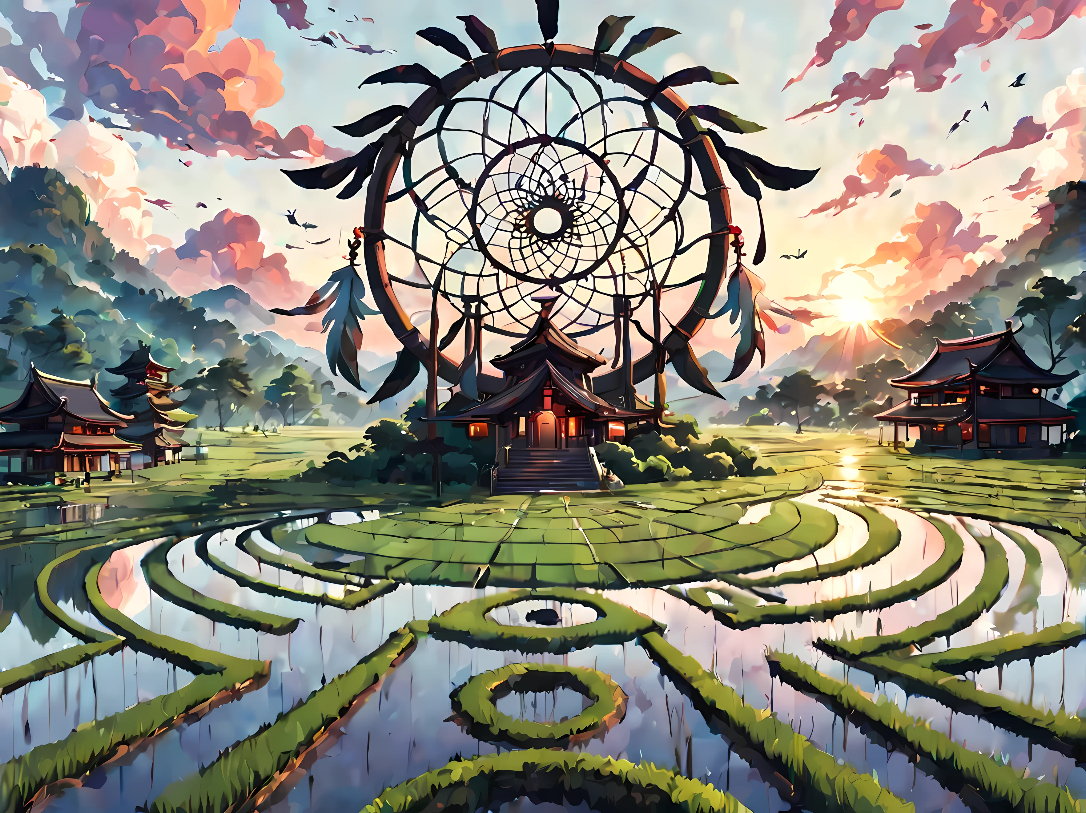 (Symmetrical, round:1.2), design a captivating image with a giant dreamcatcher hovers above a (lush rice paddy, mesmerizing dawn), Japanese architecture, cloudy, masterpiece in maximum 16K resolution, superb quality. | More_Detail