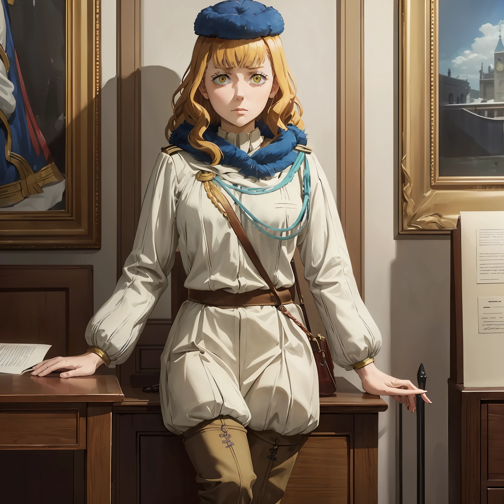 Masterpiece, perfect anime girl, military general, WW2, british, yellow eyes, london, Mimosa, 1940, 1940s short hair, British flag, office, royal, army, field marshal, paper, elegant, grandeur, pen, desk, chair, sitting, writing, black clover, historic (historically accurate) military badges, necktie, epaulette, general's cap, insignia, long boots, big ben, trousers, vintage, british empire, (beautiful), king george vi, victorian