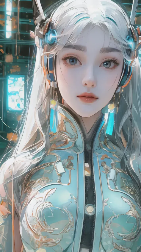 tang suit，chinese hanfu，face close-up，a image of a woman wearing colorful robot tech, in the style of free-flowing surrealism, s...