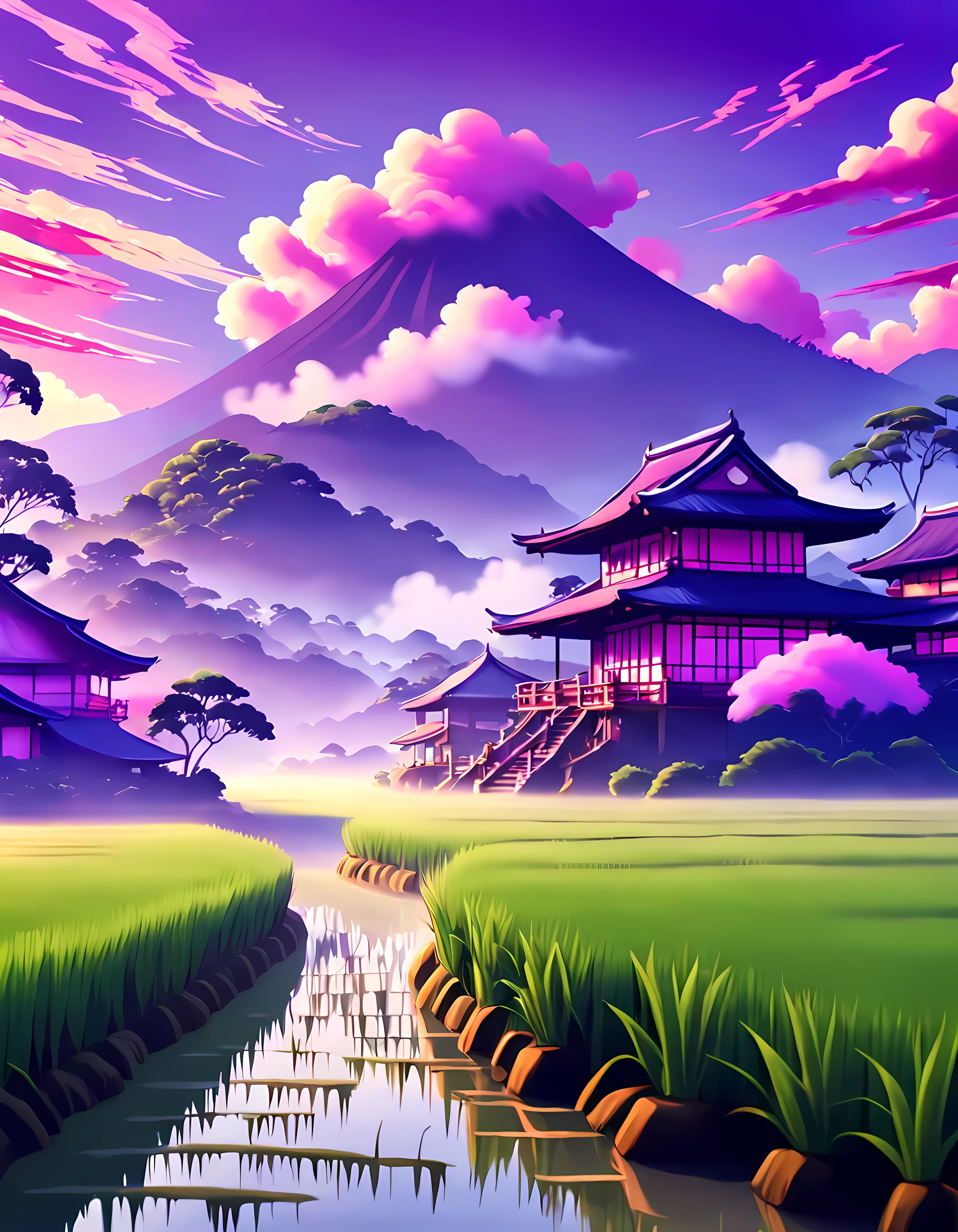 (Surrelation:1.4), süßer Anime-Stil, Entwerfen Sie ein fesselndes Bild von einem ((mystischer Nebel)) schwebend über einem ((üppiges Reisfeld)), faszinierende Morgendämmerung mit Orangetönen, Pink und lila, (japanische architektur), wolkig, verträumt, Meisterwerk in maximaler 16K-Auflösung, hervorragende Qualität. | ((Mehr_Detail))
