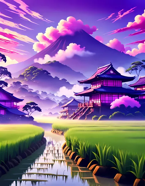 (Surrelasim:1.4), cute anime style, design a captivating image of a ((mystical mist)) hovering above a ((lush rice paddy)), mesm...