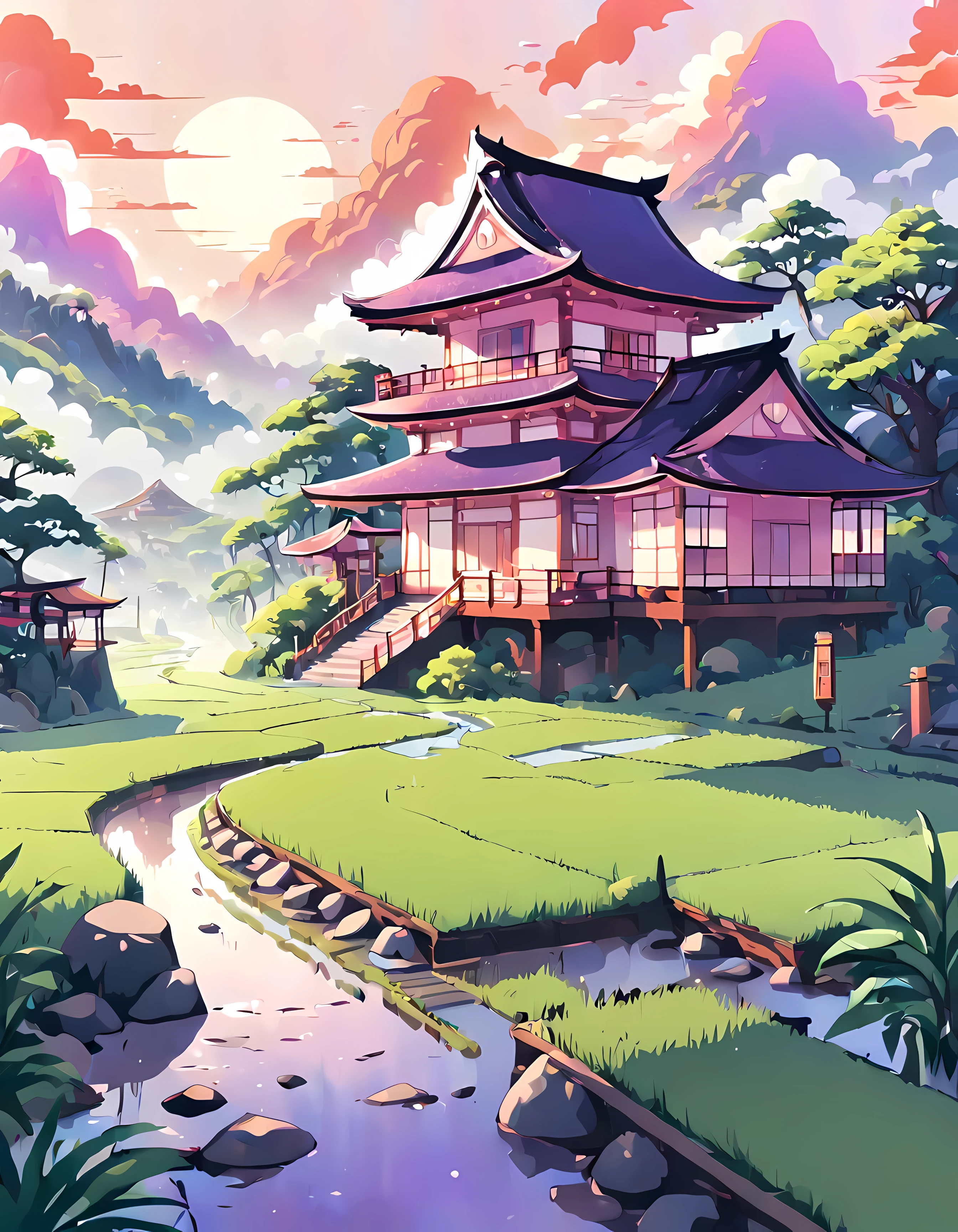 (Surrelation:1.4), süßer Anime-Stil, Entwerfen Sie ein fesselndes Bild von einem ((mystischer Nebel)) schwebend über einem ((üppiges Reisfeld)), faszinierende Morgendämmerung mit Orangetönen, Pink und lila, (japanische architektur), wolkig, verträumt, Meisterwerk in maximaler 16K-Auflösung, hervorragende Qualität. | ((Mehr_Detail))