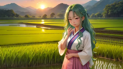 One girl, with long, wavy rice paddy green hair, stands near the edge of a serene rice paddy, looking away from the camera with ...