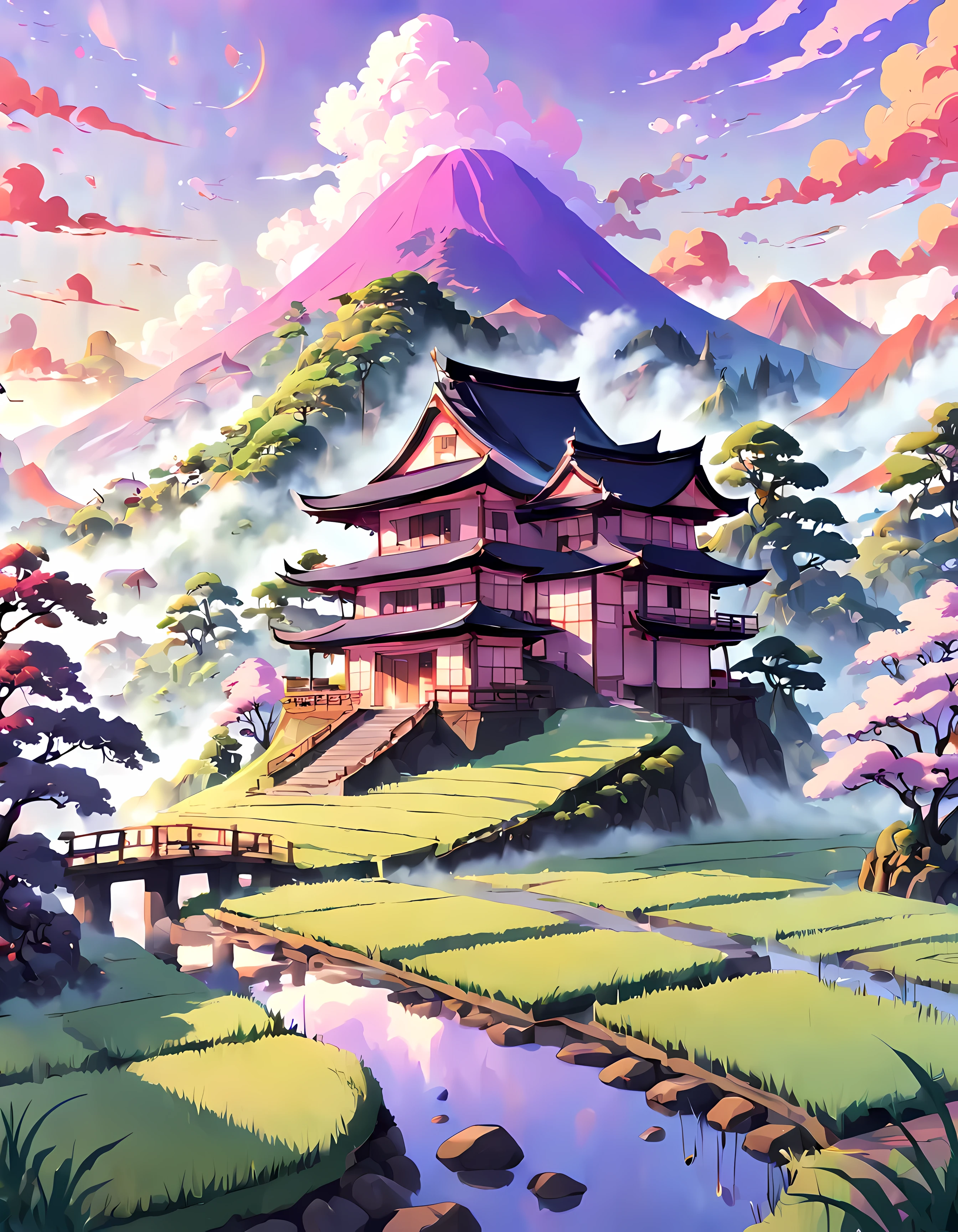 (Surrelasim:1.4), cute anime style, design a captivating image of a (mystical mist) hovering above a lush rice paddy, mesmerizing dawn with hues of orange, pink and purple, (Japanese architecture), cloudy, dreamy, masterpiece in maximum 16K resolution, superb quality. | ((More_Detail))