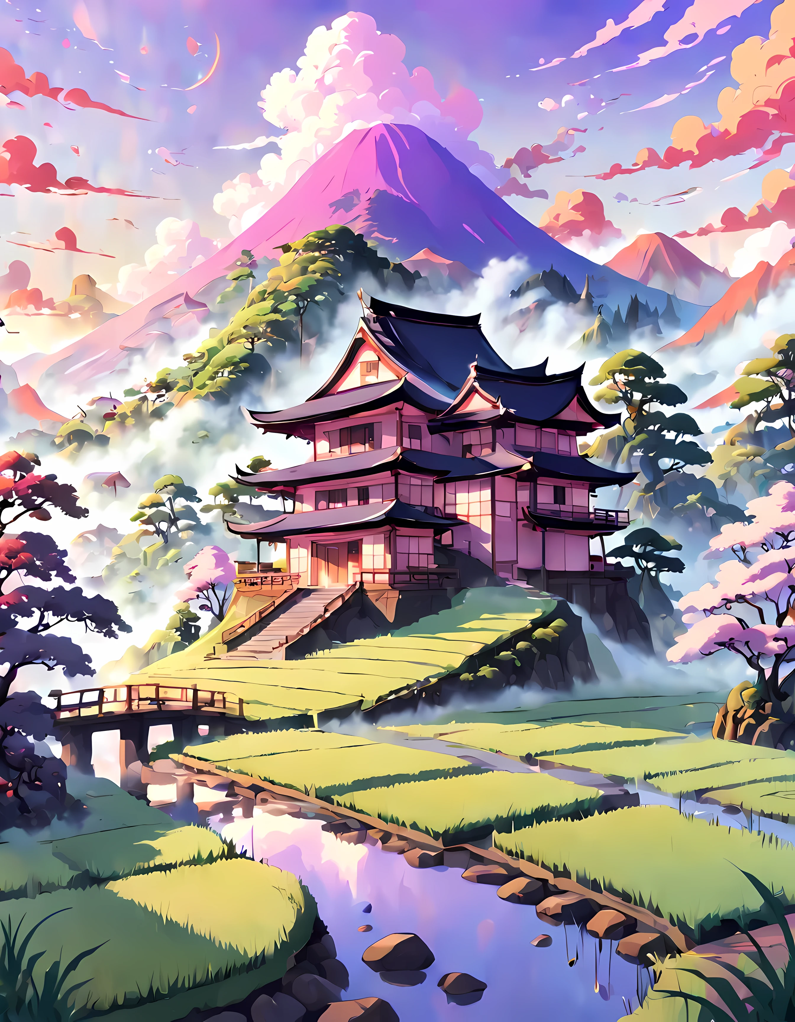 (Surrelación:1.4), lindo estilo anime, diseñar una imagen cautivadora de un (Niebla mística) flotando sobre un exuberante arrozal, amanecer fascinante con tonos naranjas, rosado y morado, (arquitectura japonesa), nublado, soñador, Obra maestra en resolución máxima de 16K, Excelente calidad. | ((más_detalle))