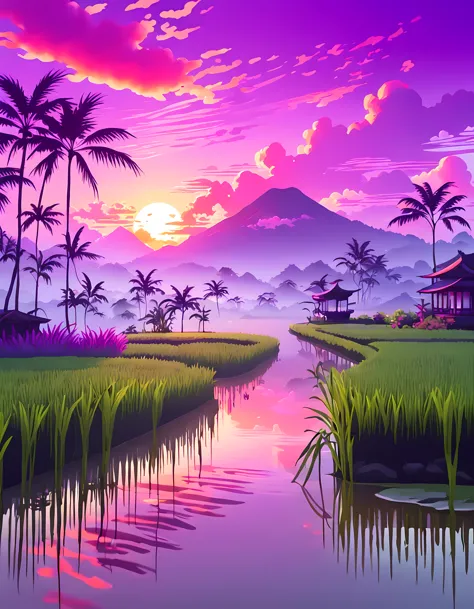 (surrelasim:1.4), cute anime style, design a captivating image of a ((mystical mist)) hovering above a ((lush rice paddy)), mesm...