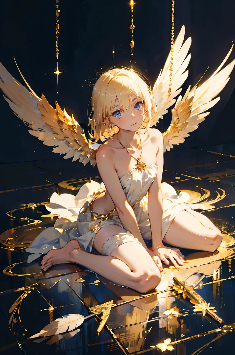 Anime girl with angel wings sitting on a shiny surface - SeaArt AI