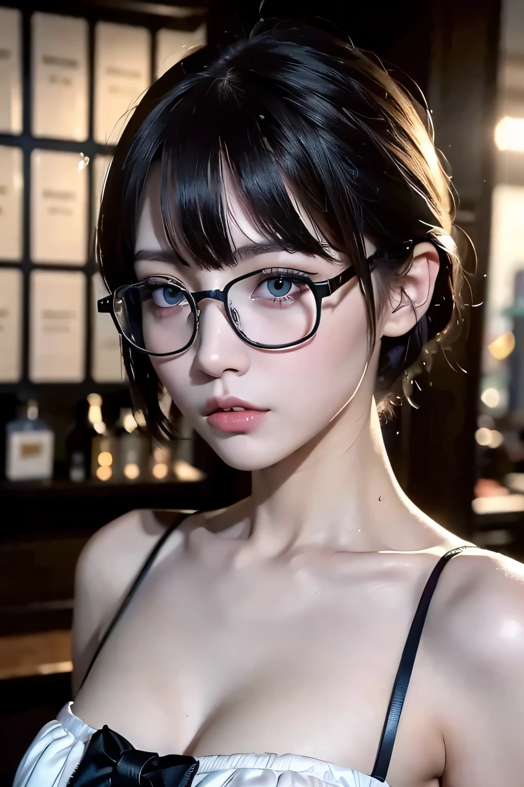 ８ｋ、High resolution、Kanban Lady、beautiful girl、gothic costume、young、white skin,、narrow eyes,high nose,lighting that illuminates the face、clear image、intellectual beauty、skinny、no makeup、anxious look、lighting that illuminates the face,shining hair、single eyelid,blue eyes、at the shop、vivid pose、female clerk,wearing glasses、short hair