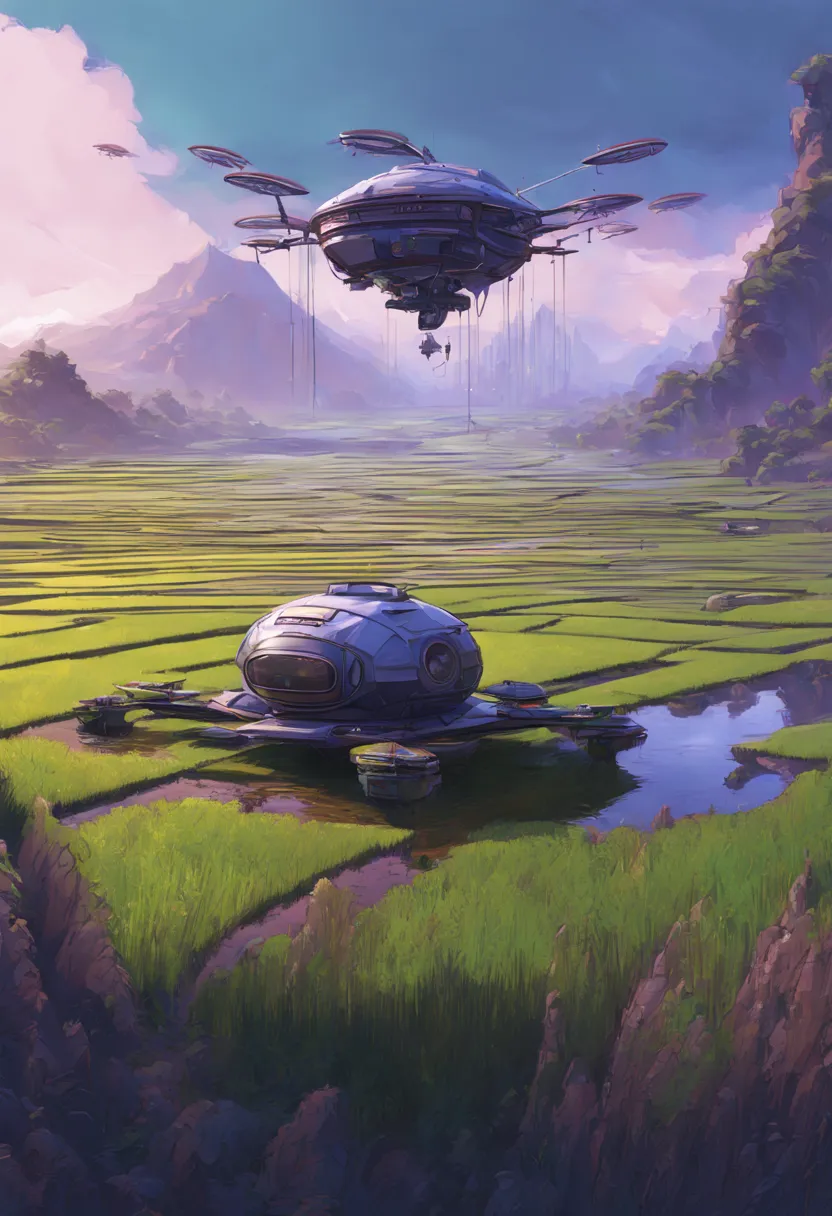 Type of Image: Concept Art Sketch, Subject Description: A futuristic rice paddy with advanced agriculture drones flying overhead...