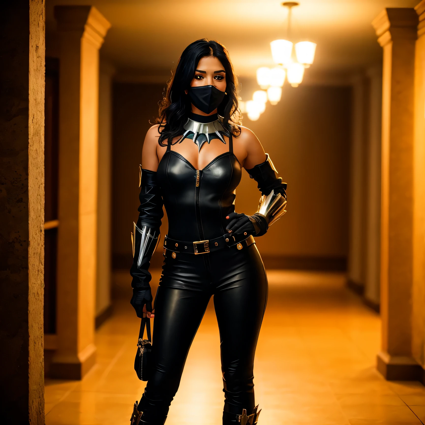 beautiful mature indian college girl, look directly into the camera, just , black leather pants, Black Venetian Mask, black gloves, rote High Heels, standing in a dark room with candlelight and black panther, photoshotrealisti, photoshot, ​masterpiece, realisti, 真实感, photoshot真实感, high contrast, photoshotrealisti digital art trending on Artstation 8k HD high definition detailled realisti, detailled, Skin texture, hyper detailled, realisti Skin texture, Anker, best quality, ultra high resolution, (photoshotrealisti: 1. 4),, high resolution, detailled, RAW-photoshot, sharp re, von Lee Jeffries Nikon D850 Film Stock photoshotgraf 4 Kodak Portra 400 Kamera F1.6 lens rich colors hyper realisti lifelike texture dramatic lighting unrealengine trending on artstation cinestill 800,