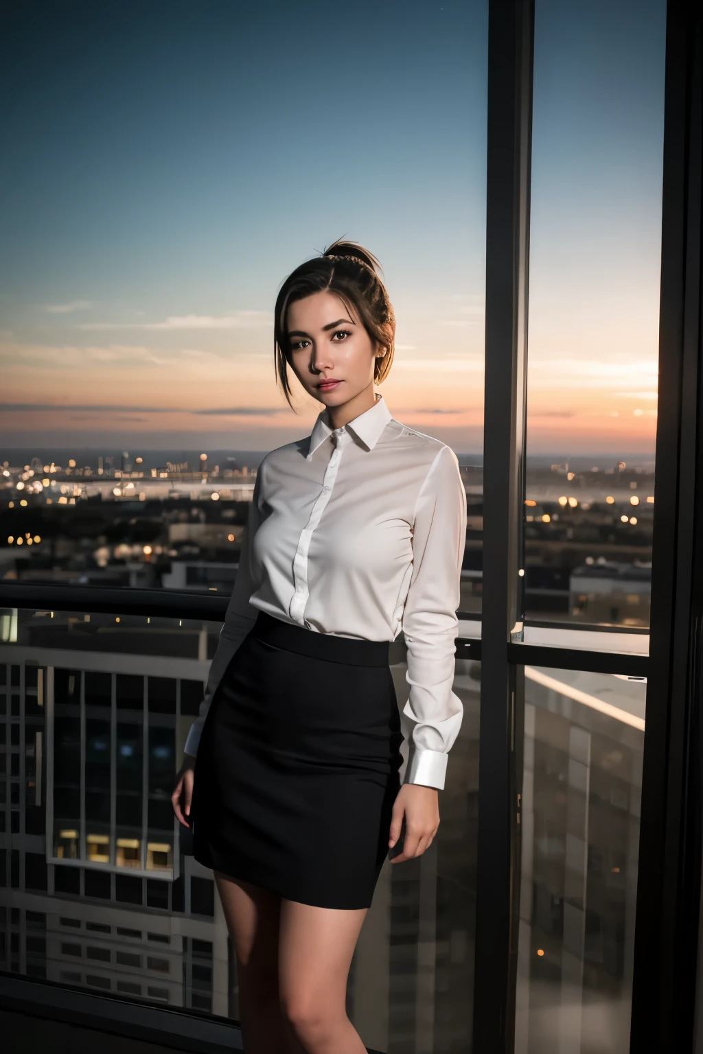 beautiful photograph of a smart looking 1girl, solo, wearing a royal green, satin collared shirt, very detailed fine silk fabric emphasis, perfectly defined button detailing, black pants with a belt, diamond stud earrings, long sleek blonde hair, brown eyes, freckles, serious expression, slender figure, standing against a country skyline at midday, cowboy shot, full body shot, photographed on a Fujifilm XT3, 80mm F/1.7 prime lens, cinematic film still, cinestill 500T, highly detailed, masterpiece, highest quality, intricately detailed, HDR, 8k, uhd, photorealistic